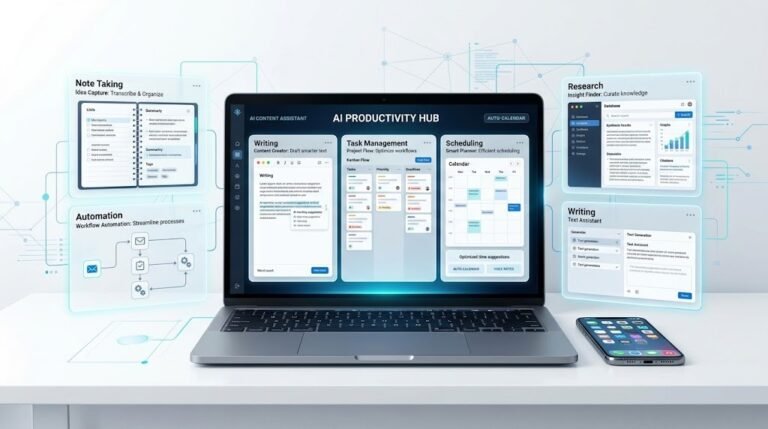 Create a premium editorial feature image about AI productivity tools.